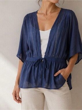Matilda Jane Hour by Hour chambray tie-front top lace trim kimono sleeves